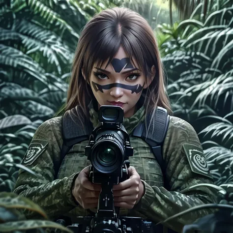 a woman soldier in camouflage body paint, stealthy combat squad, multiple invisible female soldiers, blurry body outlines, aimin...