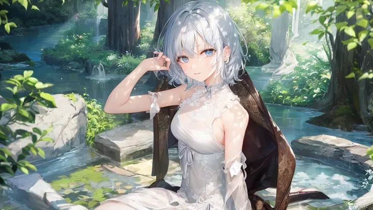 Ultra HD,Look at the viewers, and, 20 years old, 非常にShort Hair, Long bangs between the eyes, Pale blue eyes, Very detailed,(masterpiece、Best Quality),Gray Hair、Laughter、wonderful, Silver Hair, iris, Short Hair、Small face、明るいsmile、(Detailed face) ,Professio...