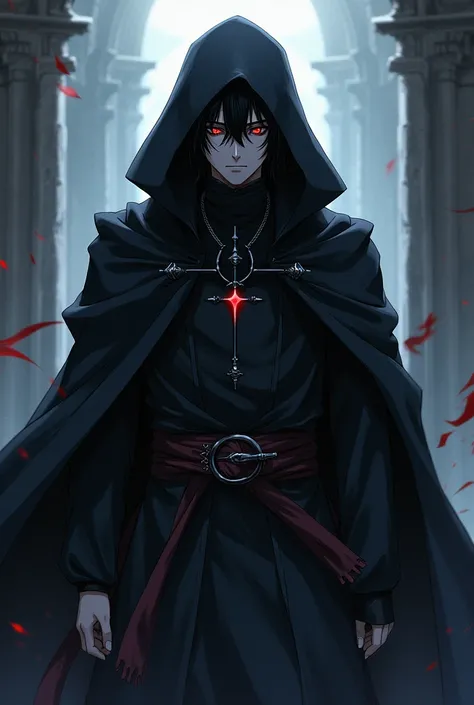 <xml><input>human,MASCULINE,Age(1),black hair,eyes see clearly,might(create cutting threads),clothing(hood with black cover),dark appearance,medieval anime style