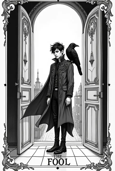 line art with the words The Fool on it.

Description: A youthful model in avant-garde Gothic fashion stands in the doorway of a high-fashion boutique that extends into darkness. They wear a dramatic, flowing cape and a modern, high-collared coat with intri...