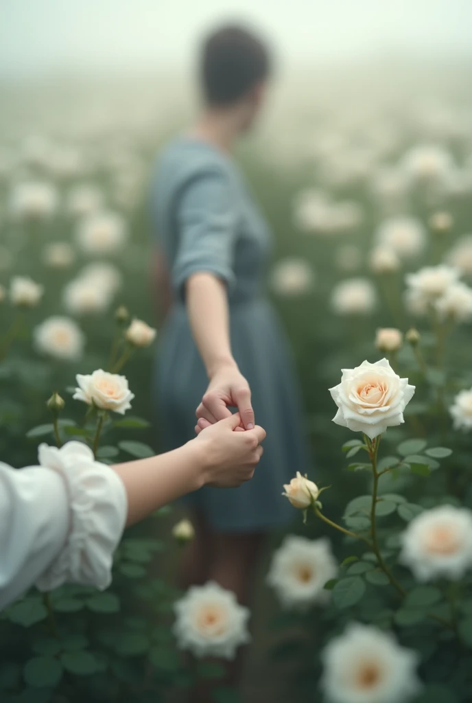 Create a blurred person image,  very blurred letting go of someone&#39;s hand,  walking away in a field of white roses. Blur the human being a lot, focus more on the roses