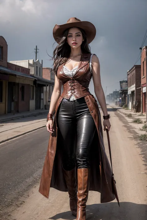 Full body cowboy woman circa 1880s, Brown long straight hair, Brown eyes, High arched eyebrows, Slender and graceful neck, Red lips, Large Breasts, Brown Leather Tights, Sleeveless Brown Leather Vest, Leather Boots, Walking on the dusty sandy streets of a ...