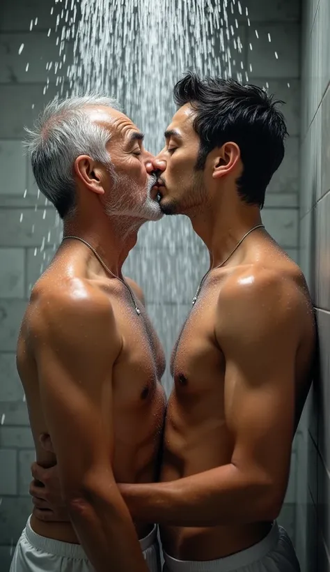  A 60-year-old Asian man having a shower with a young 20-year-old naked handsome man. They’re kissing and cuddling each other under the shower, kissing from behind bodies are soaked with water and bubbles shampoo. Erotic 