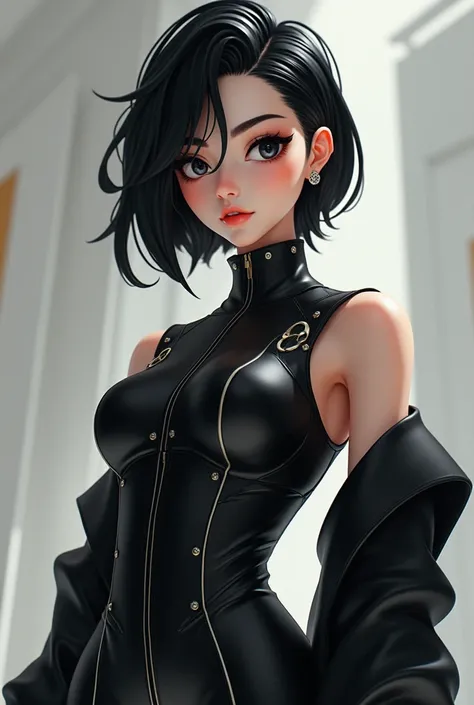 A woman in black 3D anime clothes