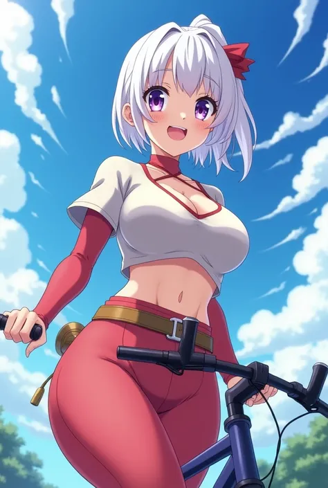 HD、Animation style、white hair 、Purple Eyes、girl、plump breasts 、High school student 、single ponytail、Baseball player、Light color short sleeve top、Long sleeve red underwear、Good shape、Thin、sash、Sky、cloud、sunny、Cycling、Navel exposed、dazzler、Breasts exposed、ni...