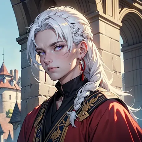 ((masterpiece)), (((best quality))), prince, 1 male, solo, pale white skin, white hair, long hair, braided updo, handsome, beautiful purple eyes, simple hoop earrings, realistic medieval clothes, red castle in background, detailed face, highest quality, hi...