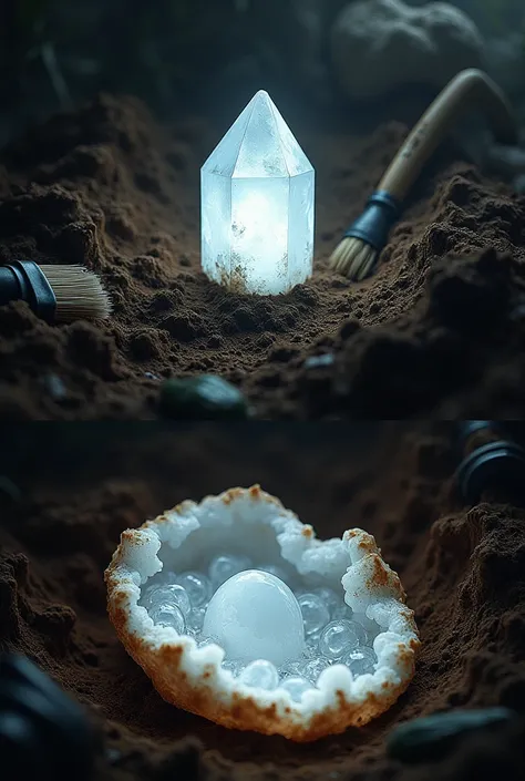 WHITE GEM BURIED IN THE EARTH SEEN FROM ABOVE, ADD A BRUSH AND SPOUT TO ITS SIDE , IF POSSIBLE, ALSO GIVE ME AN IMAGE WHERE A GEODE OF THE SAME CAN BE SEEN