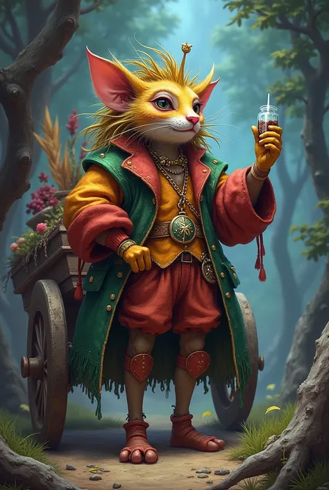 Fizwiggle Tiddlepot, a sprightly Grand Fey with a penchant for glittering trinkets and peculiar potions, travels the realms in a cart that unfolds into an enchanting bazaar, drawing in curious passersby. His vibrant attire is woven from the very essence of...