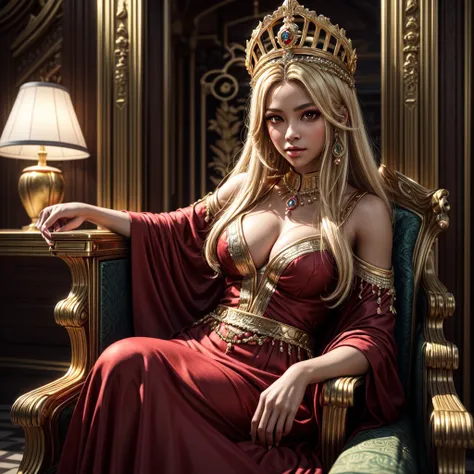 Portrait of a woman, Sumerian queen, close up, 3D, masterpiece, best quality, super detailed, UHD, 4K, Blonde Hair, very long hair, red eyes, dark skinned, imperial dress, sitting, on golden throne, Ziggurat indoor, perfect light, bokeh,