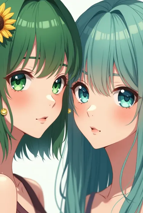 anime girl with green hair and green eyes and round gold earrings, anime girl with teal hair, extremely detailed artgerm, beautiful anime portrait, beautiful anime girl, with sunflower clip in her hair, artgerm on artstation pixiv, beautiful style anime ar...