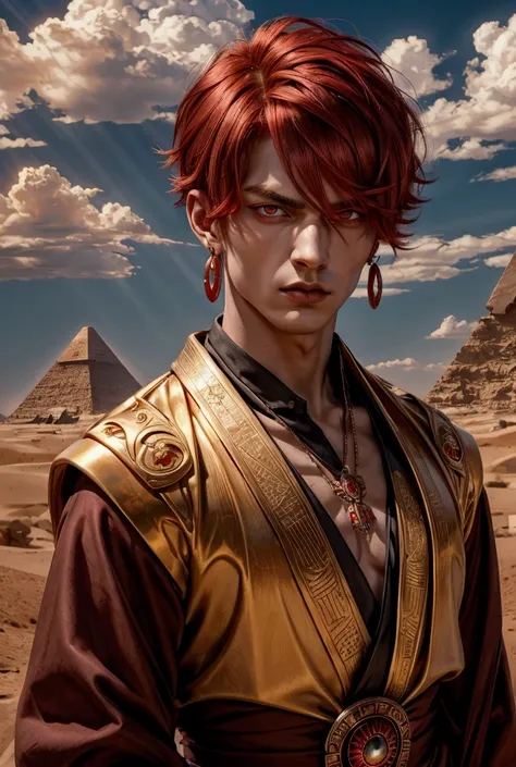 1 man,  handsome young man , earrings,  red hair with short bob haircut , , looks at the viewer with angry eyes ( red eyes ), красный pupils burning brightly, masterpiece, realistic anatomy sports, Divine Rays, 8K rendering, Gothic, Japanese style, realism...