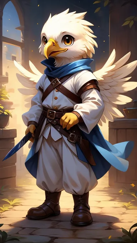 This eagle-headed musketeer, in its cute version, is an adorable little creature full of charisma. He wears a mini musketeer uniform, with a flowing blue cape and a small feathered hat that barely covers her rounded head. your big, bright eyes, of a soft s...