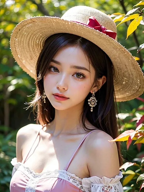 Best Quality, masterpiece, Attention to detail, Intricate details, 画面全体にたくさんのflower、flower、flower、flower、In the forest with bright red leaves、Mysterious Autumn Woman, Pink lace dress、A faint smile、Wear a stylish hat with a large brim、Chestnut-colored hair、...