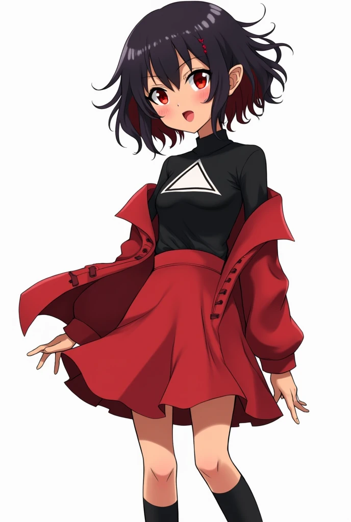 Anime girl with dark brown skin color and curly black hair with red tips, small red eyes,black blouse with white triangle neckline, red jacket that has a red skirt with a smooth middle and wavy sides, black sleeves that show the shoulders, elbows and finge...