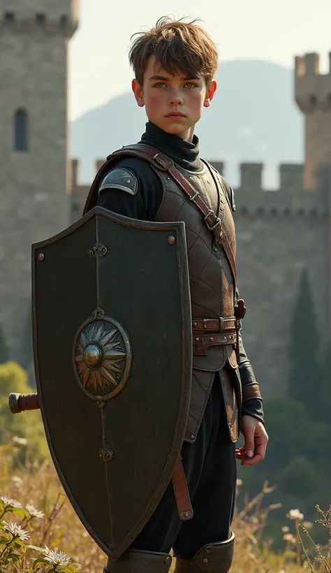 realistic, best quality, masterpiece, detailed, perfect face, fantasy, medieval, lad, male, young, beardless, adolescent, teenager, , tall, fair skin, green eyes, light brown hair, short hair, straight hair, gambeson, dark brown gambeson, black pants, stud...