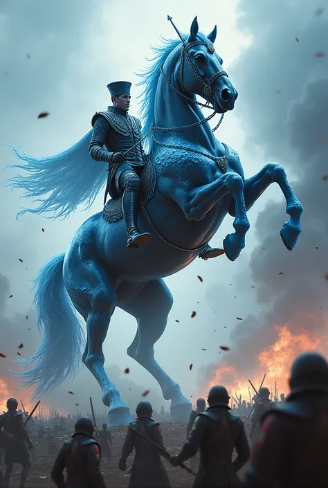 I want to create an image of a black horse with ice chains running through its body in the middle of a war, with a rider wearing a hat and a pharaoh-style war suit