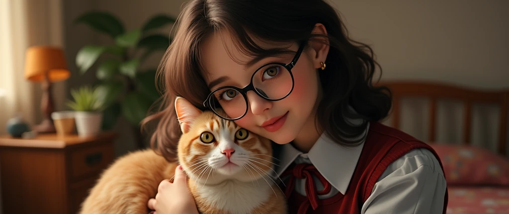 (masterpiece) a chubby beautiful woman with a brown wavy long hair, rounded black eyeglass, and brown eyes, wearing a collared school uniform and a red skirt and necktie, with her full cream colored cat with amber eyes, in her arms near her face, warm tone...