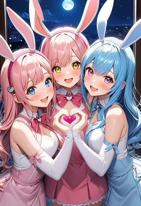 3girls, (each girl has her own theme color for hair color, eye color and clothing color: pink, yellow and blue), heart, heart hands, girls are making heart hands duo each other, midnight, large window, full moon, wearing hairband with long rabbit ears orna...