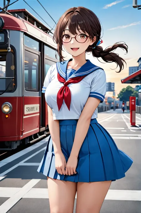 masterpiece, best quality, ultra detailed 8k, (cute girl with one braid:1.2), (dark brown hair, (low ponytail, one braid), braid with ribbon), , light brown eyes, droopy eyes, glasses, smile, open mouth, large breasts, large buttocks, voluptuous, waiting a...