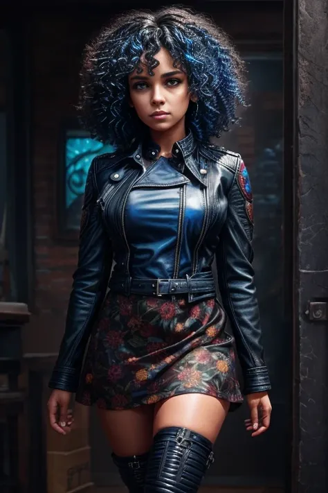 Blue curly hair. Deep dark and energetic coffee eyes. She wears a floral stamped dress with a leather jacket. busty. Comic style, marvel comics