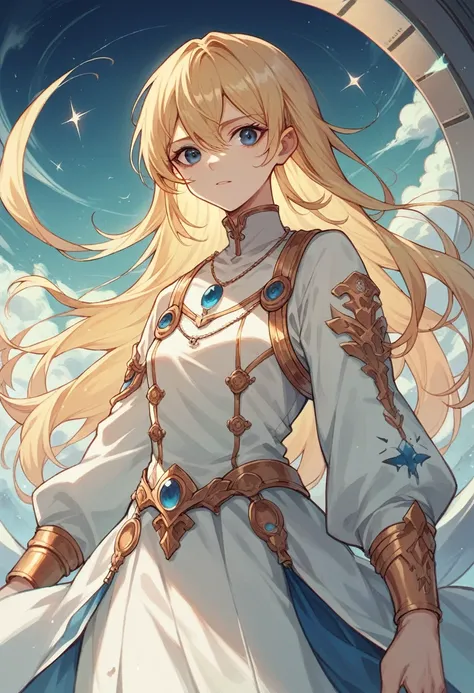 Young blonde anime, aesthetic body, dark blue eyes, with white clothes with blue details, on a spaceship, with golden necklace