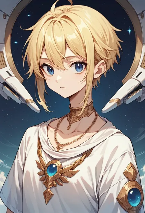 Young blonde anime, aesthetic body, dark blue eyes, with white clothes with blue details, on a spaceship, with golden necklace