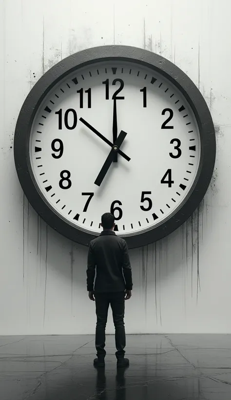 A clock showing the time ticking away with a person standing in front of it, making the decision to act immediately, capturing the urgency of the moment.