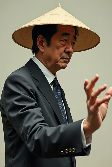 His right arm is stretched out like a rubber band、Shinzo Abe wearing a straw hat