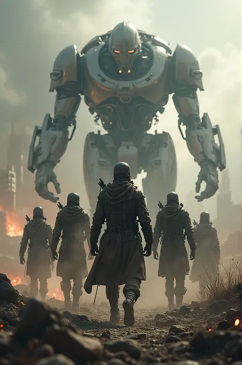 Six people fighting in an apocalyptic war against robots, side profile realistic digital art