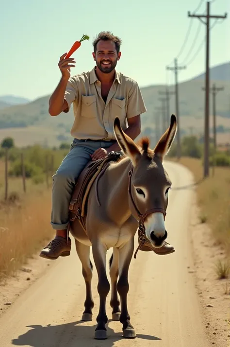 A donkey on which a man is sitting with a carrot in his hand and the carrot is facing forward towards the donkeys mouth, but he does not feed the donkey and the donkey keeps walking like this