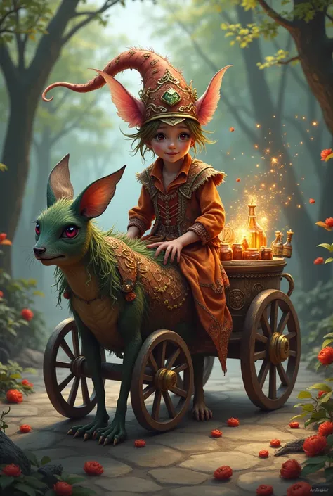 a sprightly  human Fae,  with a penchant for glittering trinkets and peculiar potions, travels the realms in a merchant wagon that unfolds into an enchanting bazaar,  His vibrant attire is woven from the finest silks and satins, and his infectious laughter...