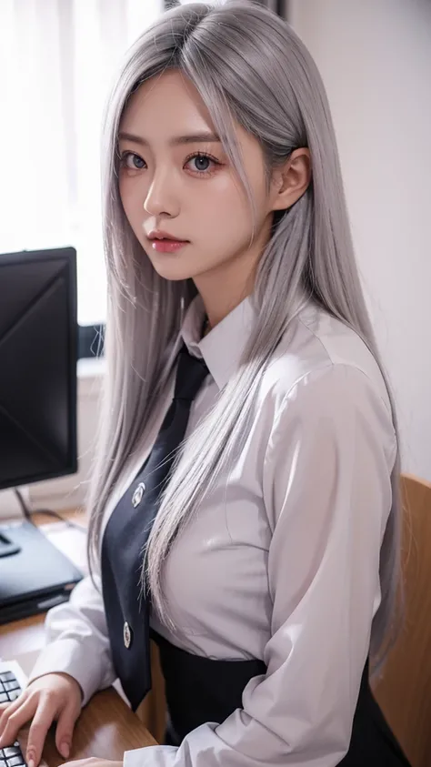 silver hair, small breasts, serious, office uniform, Japanese, Long hair, messy office, closed mouth, Pink eyes, 