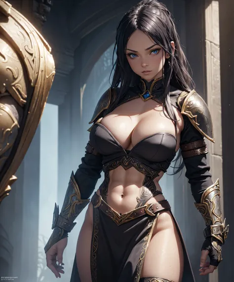 (((Female muscular fantasy warrior.))) Epic and exciting female character for D&D.  (((She is the epitome of sexiness and sultriness.))) Dire and dangerous woman.  Extravagant dark and purple clothing.  Blonde hair.  Blue eyes.  Leather.  Attractive.  Char...