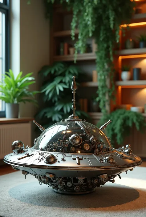 one organic steampunk mechanical scifi ufo sitting on the floor of modern over planted living room with carpet, modern interior, High quality photo, ultra high res, (photorealistic:1.4), cinema lighting, insanely detailed, hyper realistic, fine details, oc...