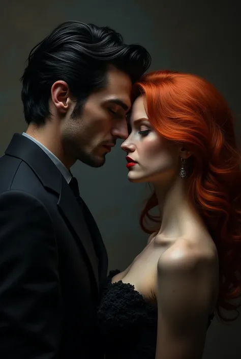 a black-haired man with a piercing gaze and a mysterious suit facing a girl with red hair and blue eyes dark romance 