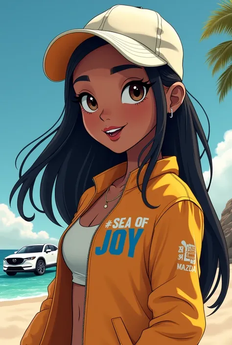 Create an image in 4k, a funko of a woman resembling pocahontas.. With a cap and jacket that says "sea of joy" in Spanish , The appearance should be sporty, Put a white Mazda CX5 with black rims in the back so the car can be seen 