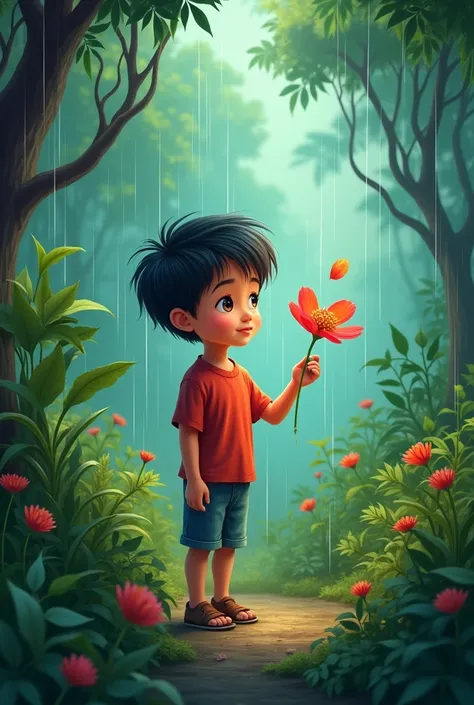 On a rainy day, a boy is standing in wild with a kadam flower in his hand. Cartoon