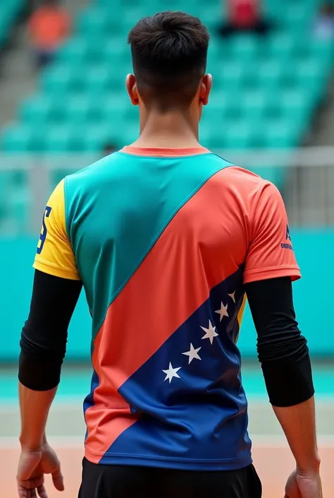 I want the back of a volleyball sports shirt in turquoise and coral with one sleeve with the Venezuelan flag and the other sleeve in black. 