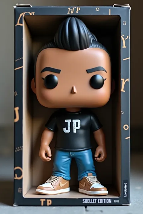 Funko pop of a guy called jp with pompadour hair,brown eyes,black shirt,Jeans,jordanj sneakers in beige tone and inside the limited edition black and white Funko box with digital text (jp) 