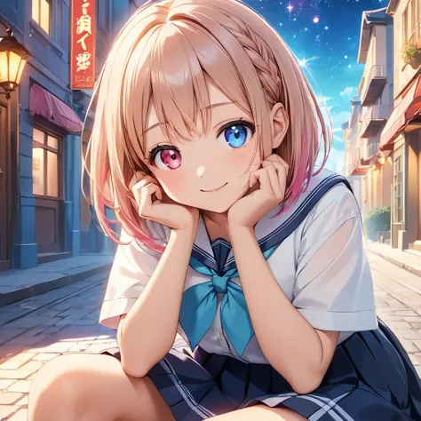 (Yuki Asuna:1.1), a cute young girl with a slight hint of childishness, has a (milk tea beige angled short bob hairstyle:1.2) with one side styled up with a partial braid. She features (heterochromia:1.3) with one vivid pink eye and the other a distinctly ...