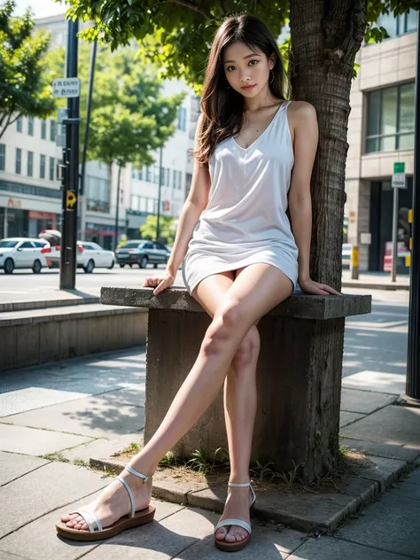 ((Best Quality))、((wonderful))、(detailed)、8k、Long Exposure、Ultra-realistic photos、Full body、「Sitting in a city cafe、Elegant woman enjoying the late summer heat。Wearing a light dress and sandals、Simple accessories give a cool impression.。Trees in the backgr...