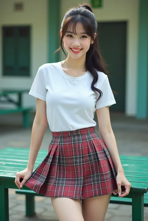 happy,((burst smile)),Real photos High-quality Realistic of thai woman, Beautiful girl (((large breast , big breast , nsfw))) , Best Quality, 20 years old thai girl in a school uniform astanding near a green metal table, She is wearing a white shirt(((larg...