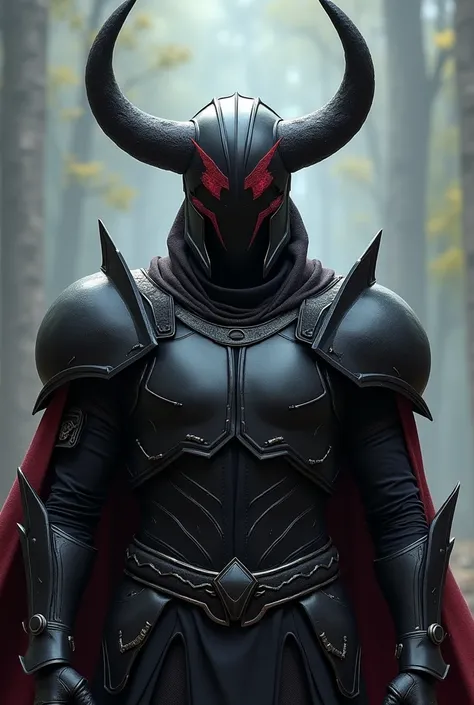 A man with a black and red helmet with two black horns wearing black armor