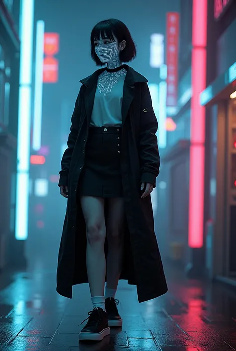 android girl white skin neon digital face long black coat short black skirt black sneakers short white socks black hair