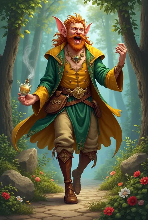 Cartoon. Irish mythological fae, human sized. Appearing human male. with a penchant for glittering trinkets and peculiar potions, travels the realms in a merchant wagon that unfolds into an enchanting bazaar,  His vibrant attire is woven from the finest si...