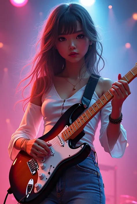 A girl with a dazzling young and lively beauty, both babyish and feminine, playing the electroguitar.