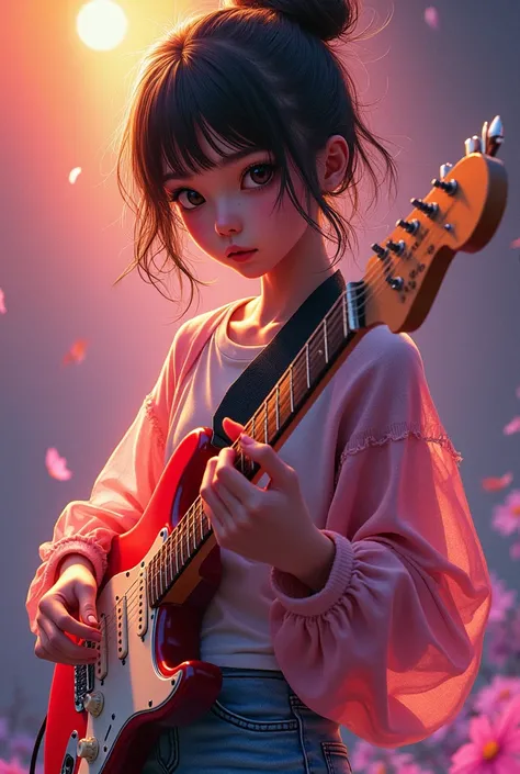 A girl with a dazzling young and lively beauty, both babyish and feminine, playing the electroguitar.