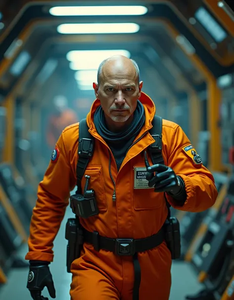 A 46 yo Android [Bishop:Lance Henriksen:0.1] wears an orange space ship crew jumper with determimed face searching for an escapee Face Hugger in a cabin crew, intense full caution expression, Insanely detailed and intricate space ship cabin, shallow depth ...