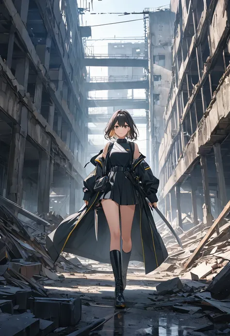 anime、((Amazingly absurd)),(masterpiece:1.2),超High resolution, Attention to detail, high quality, High resolution, 最high quality, 4K, 8k、One woman,Gal,Standing among the ruins of a factory,Carry a sword on one&#39;s back,Big Sword,Sheathing the sword,Exqui...