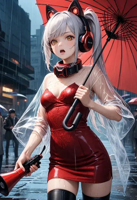 (best quality, masterpiece:1.2), 8k, very aesthetic, absurdres, high resolution, detailed face, official art, super fine illustration, (realistic:0.4), brown eyes, swept bangs, side ponytail, long hair, silver hair, robot cat ears, headphone, food, (open o...